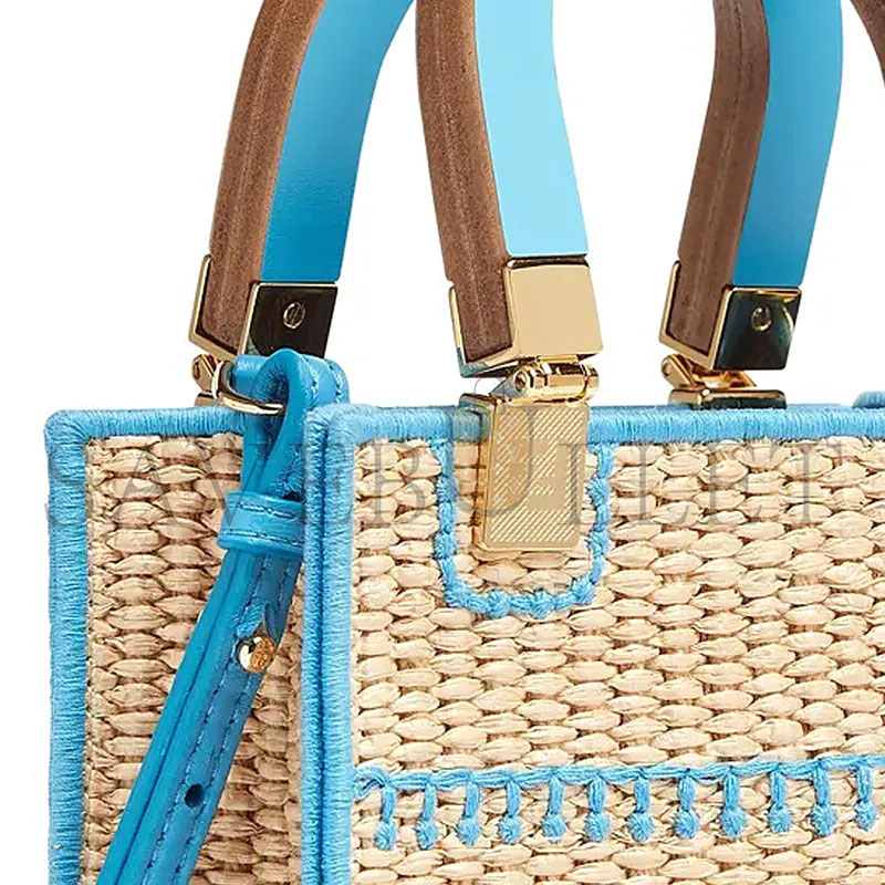 FENDI SUNSHINE MINI STRAW & LEATHER TOTE 8BS051AFQPF1ELX (18*13*6cm)